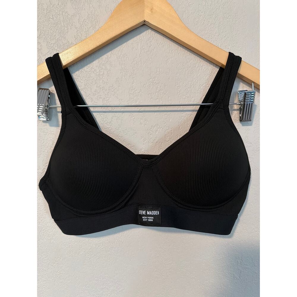 Steve Madden Black Ribbed Longline Wirefree Bra SZ 34B